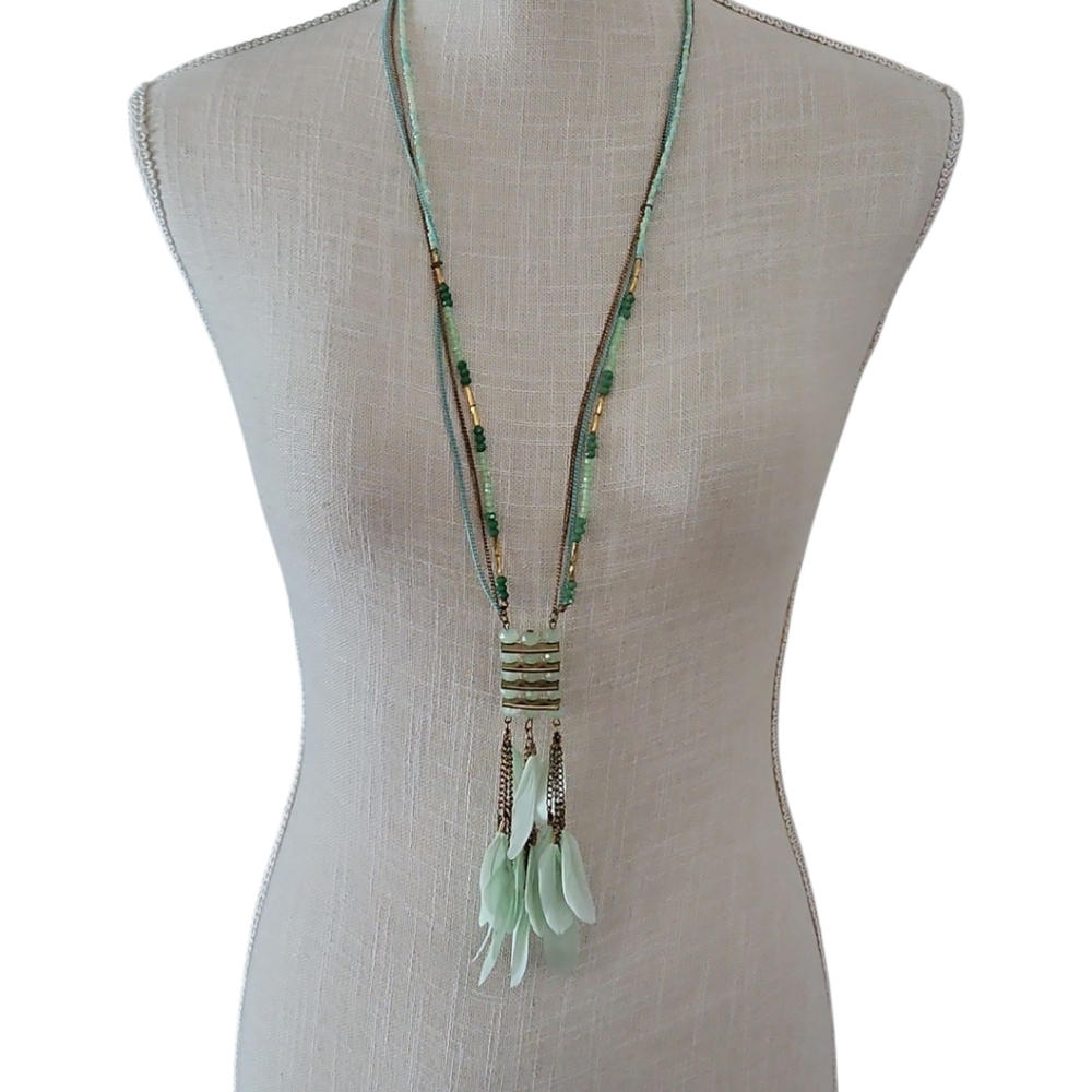 Vintage Green Beaded & Feathered Statement  Necklace